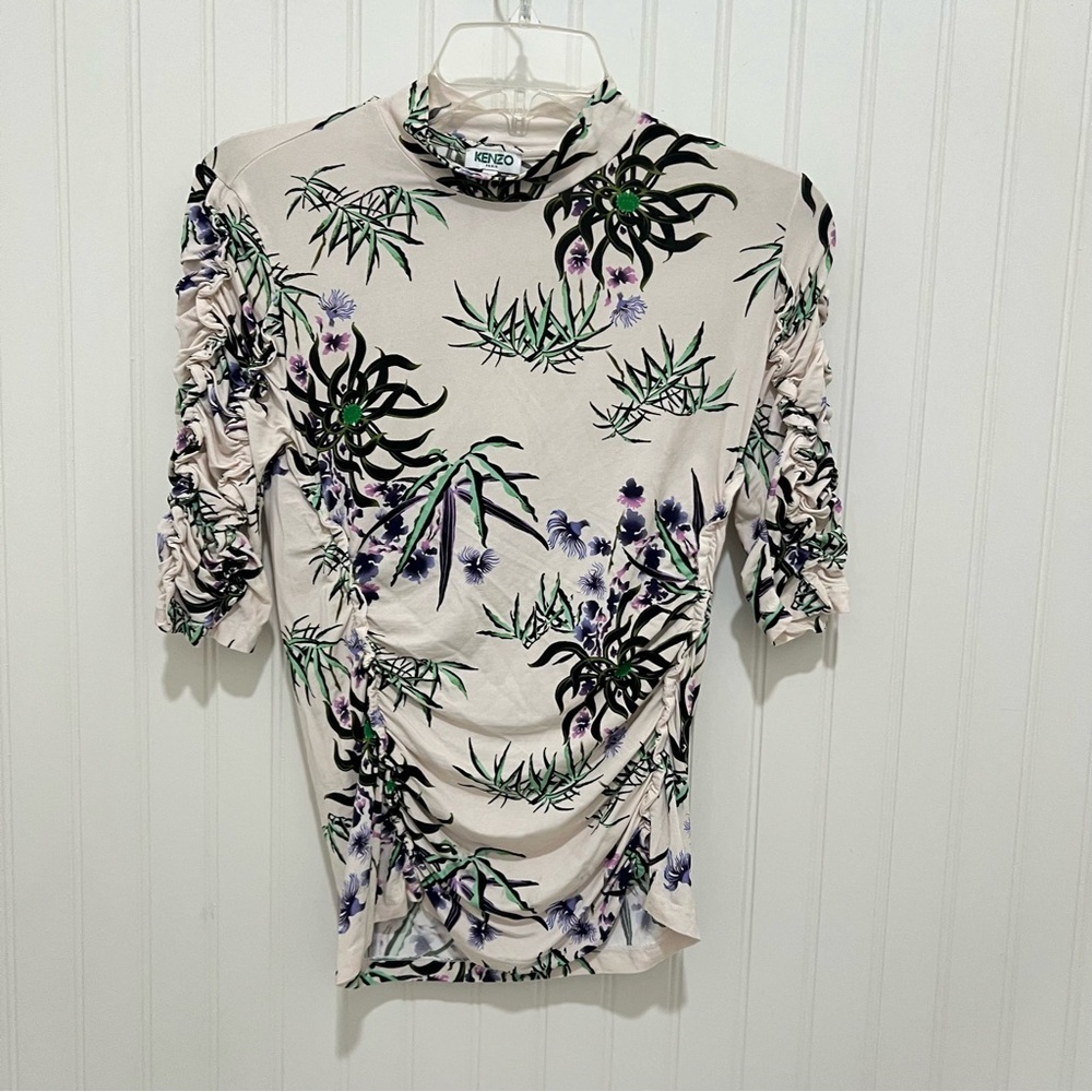 Kenzo Paris 90s Y2K Cream Top with Purple and Green Floral Design Sea Lily Small
